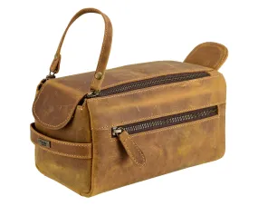 Premium Cowhide Leather Toiletry Bag Travel Dopp Kit Distressed Tan