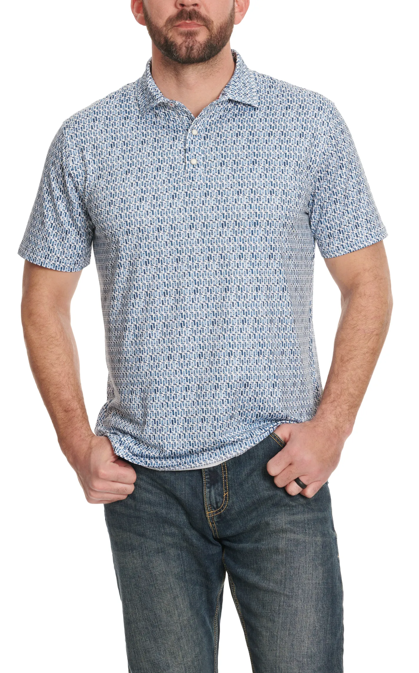 Rafter C Men's Shades of Blue Boot Print Snap Polo Shirt