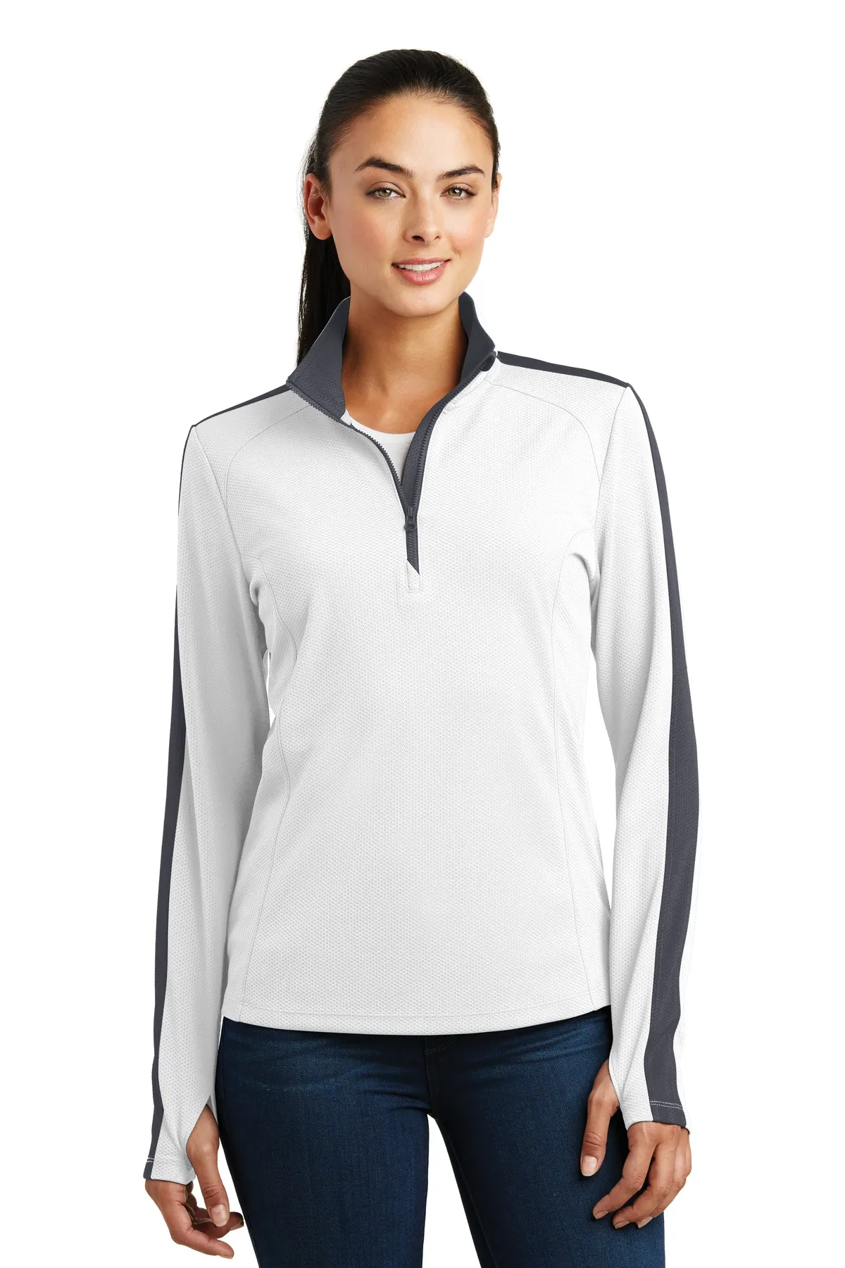 Sport-Tek  Ladies Sport-Wick  Textured Colorblock 1/4-Zip Pullover. LST861