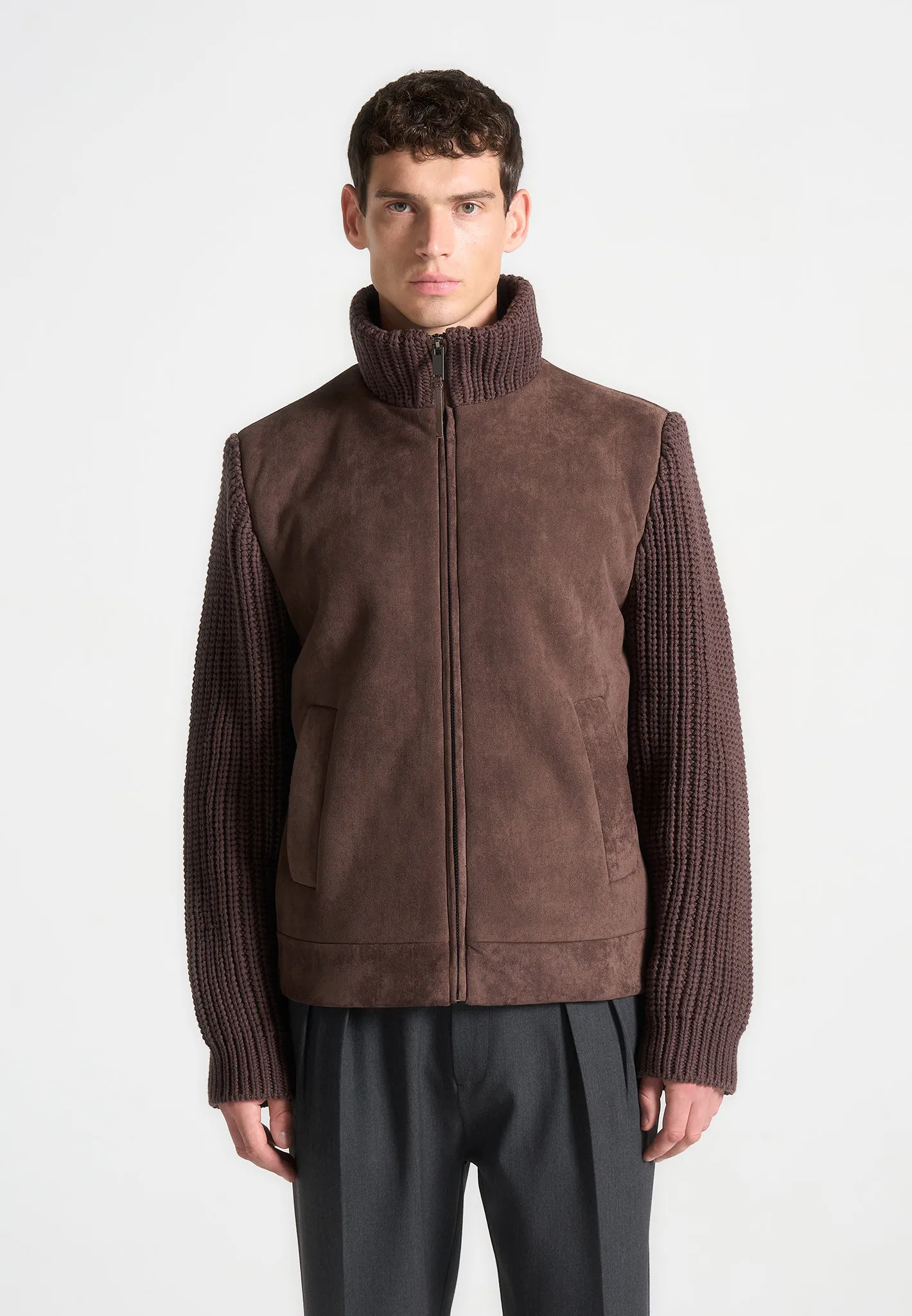 Suede & Knit Jacket - Brown