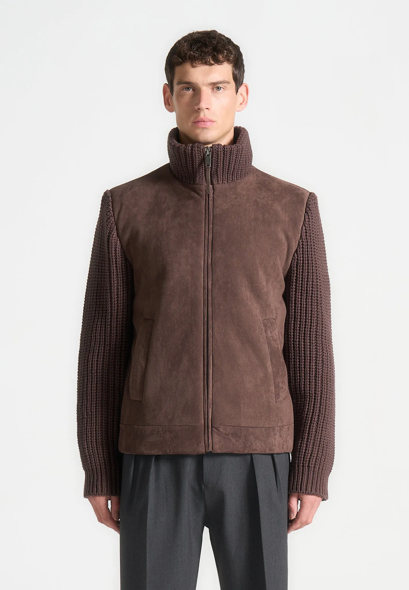 Suede & Knit Jacket - Brown