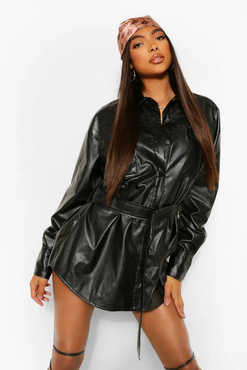 Tall PU Oversized Belted Shirt Jacket