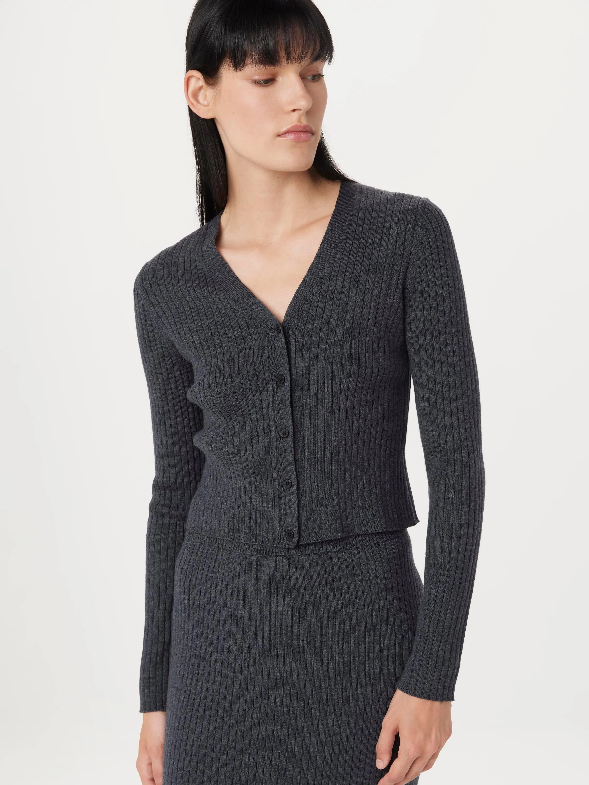 The Merino V-Neck Cardigan in Charcoal Grey