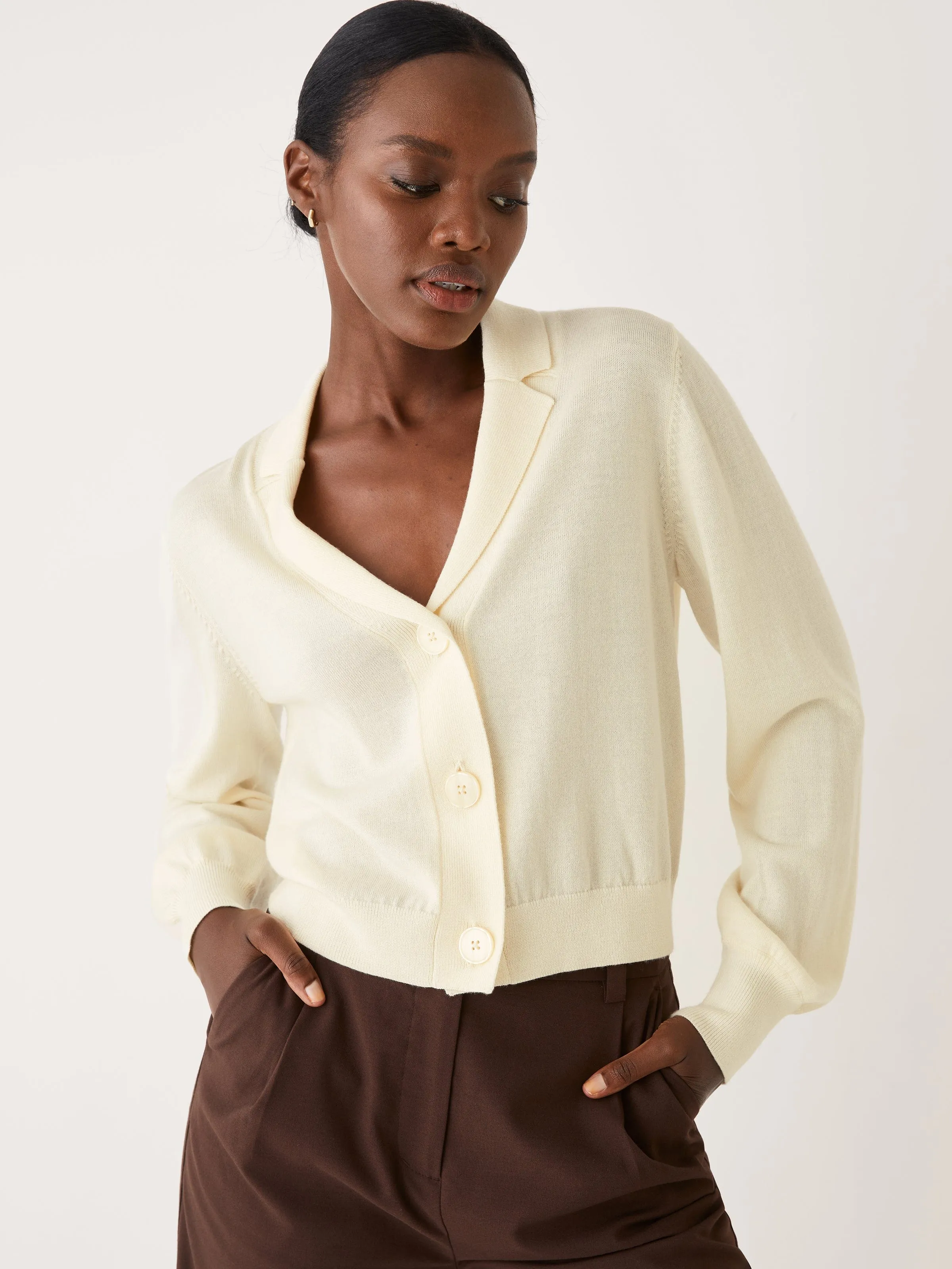 The Merino Wool Collared Cardigan in Antique White