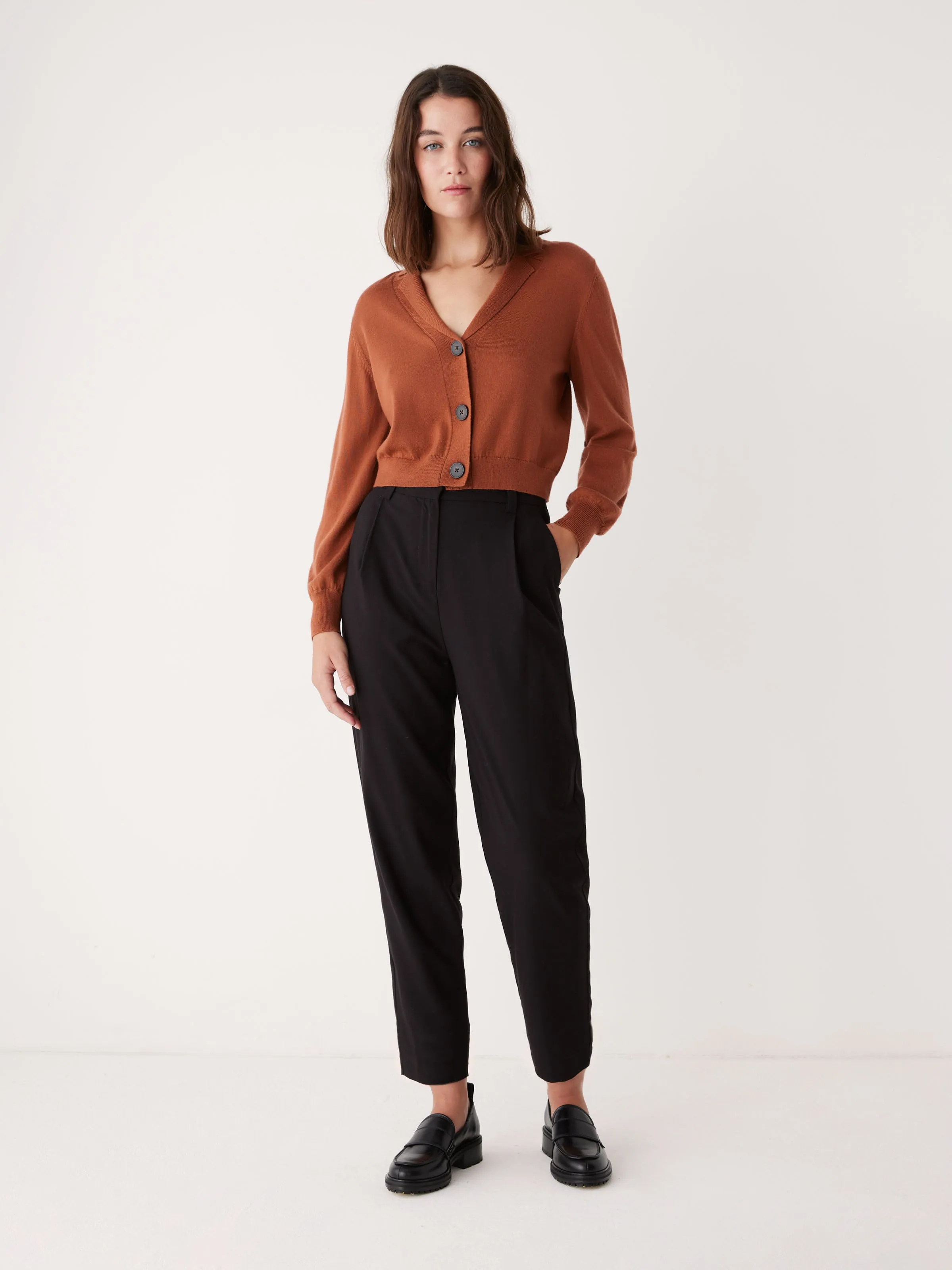 The Merino Wool Collared Cardigan in Burnt Sienna