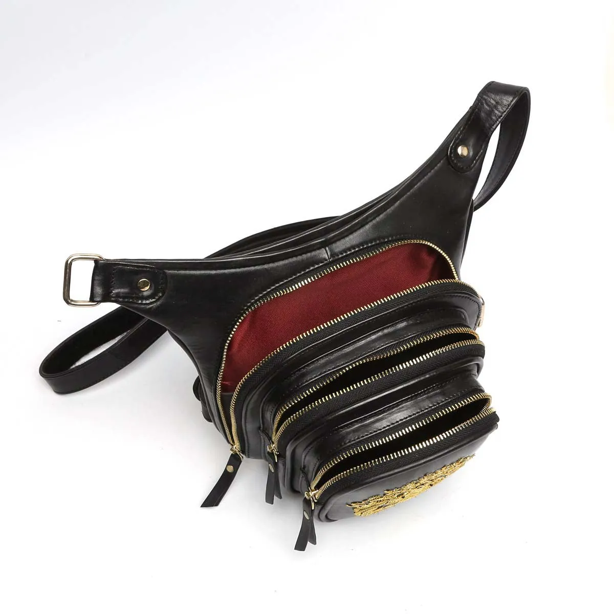 Thigh Pouch Travel Bag with Golden Zardosi In Black Leather