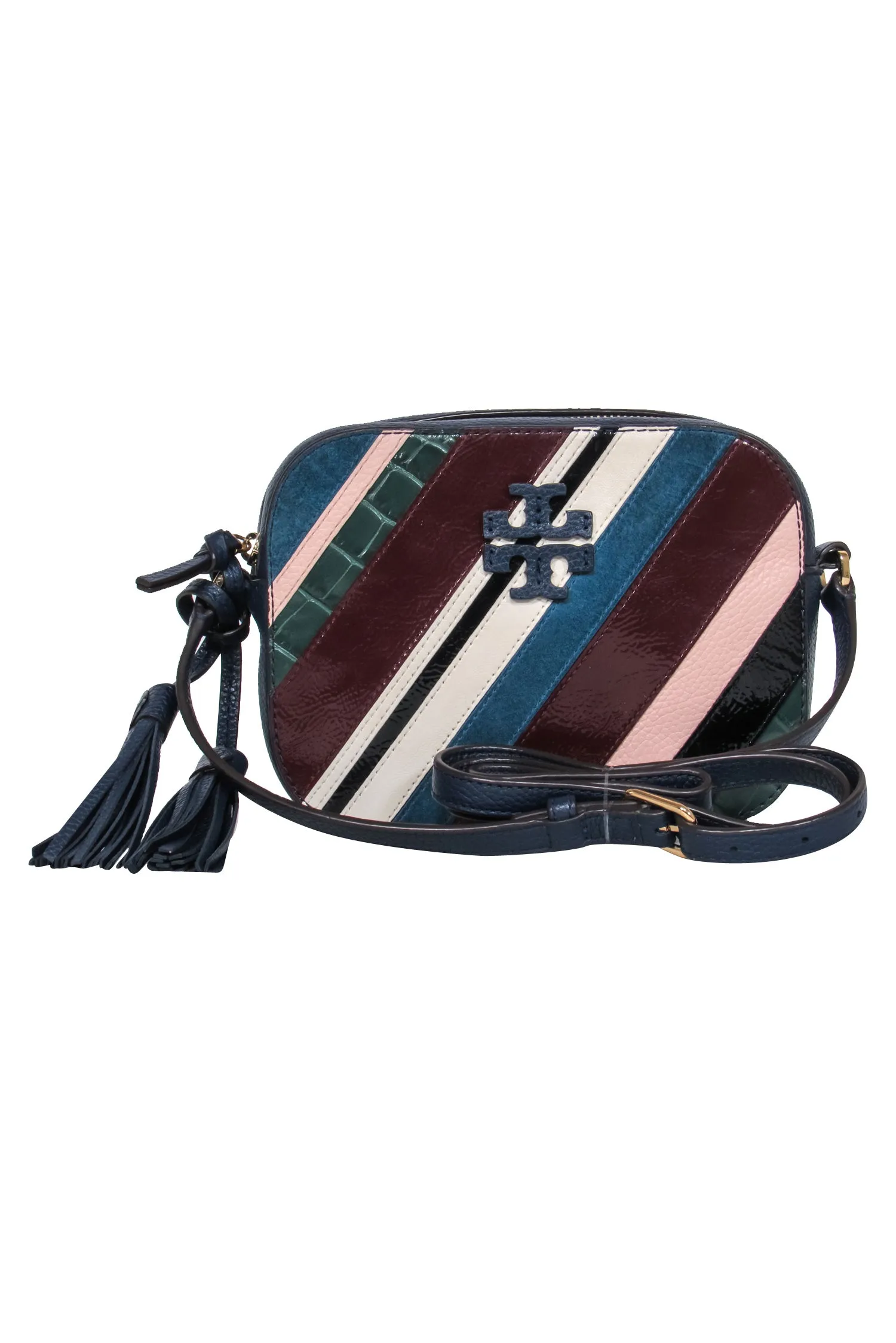 Tory Burch - Navy Pebbled Leather w/ Multi Fabric Front Crossbody