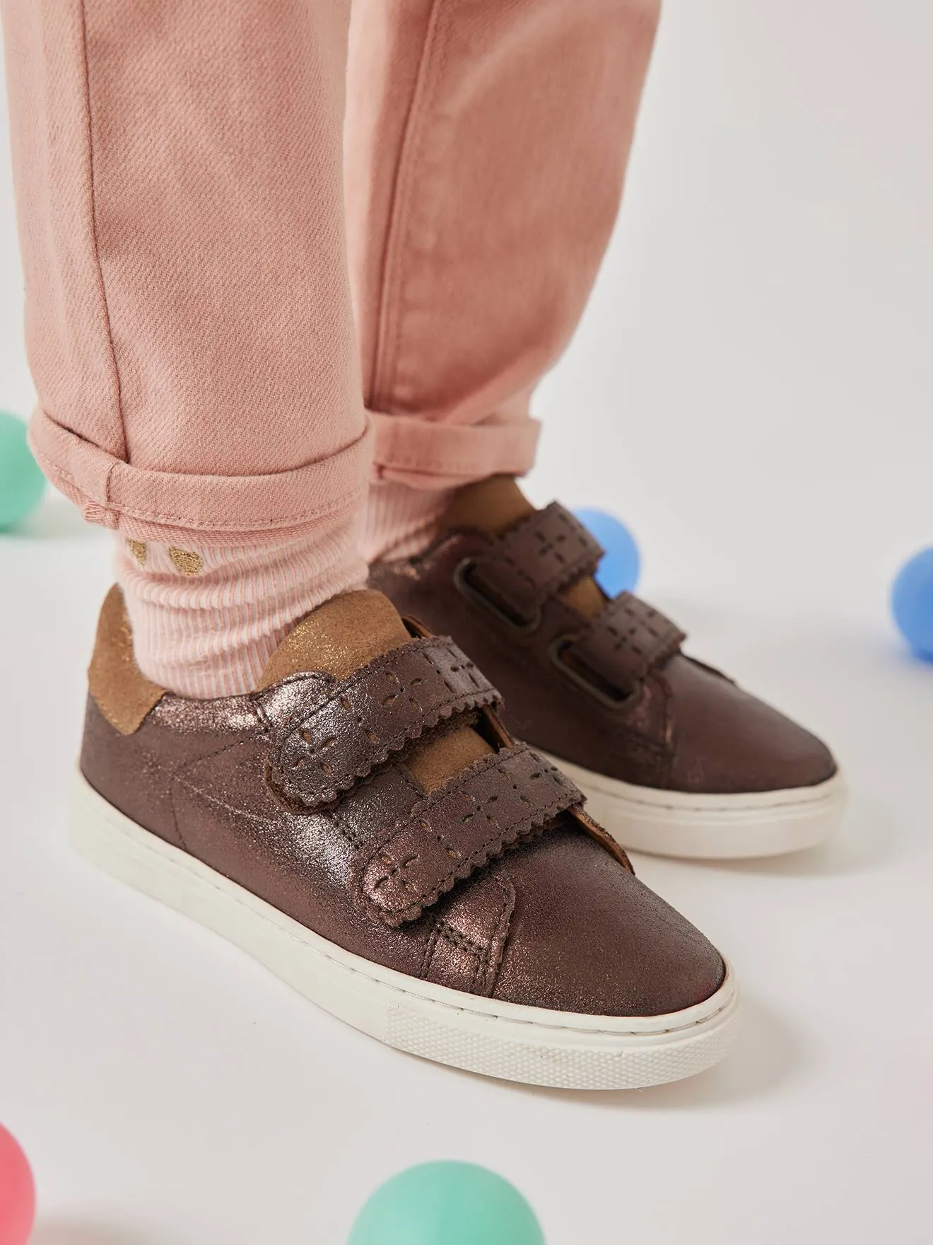 Touch-Fastening Leather Trainers for Girls, Designed for Autonomy - bronze