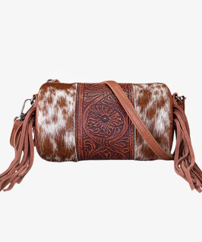 Trinity Ranch Genuine Hair-On Tooled Barrel Crossbody