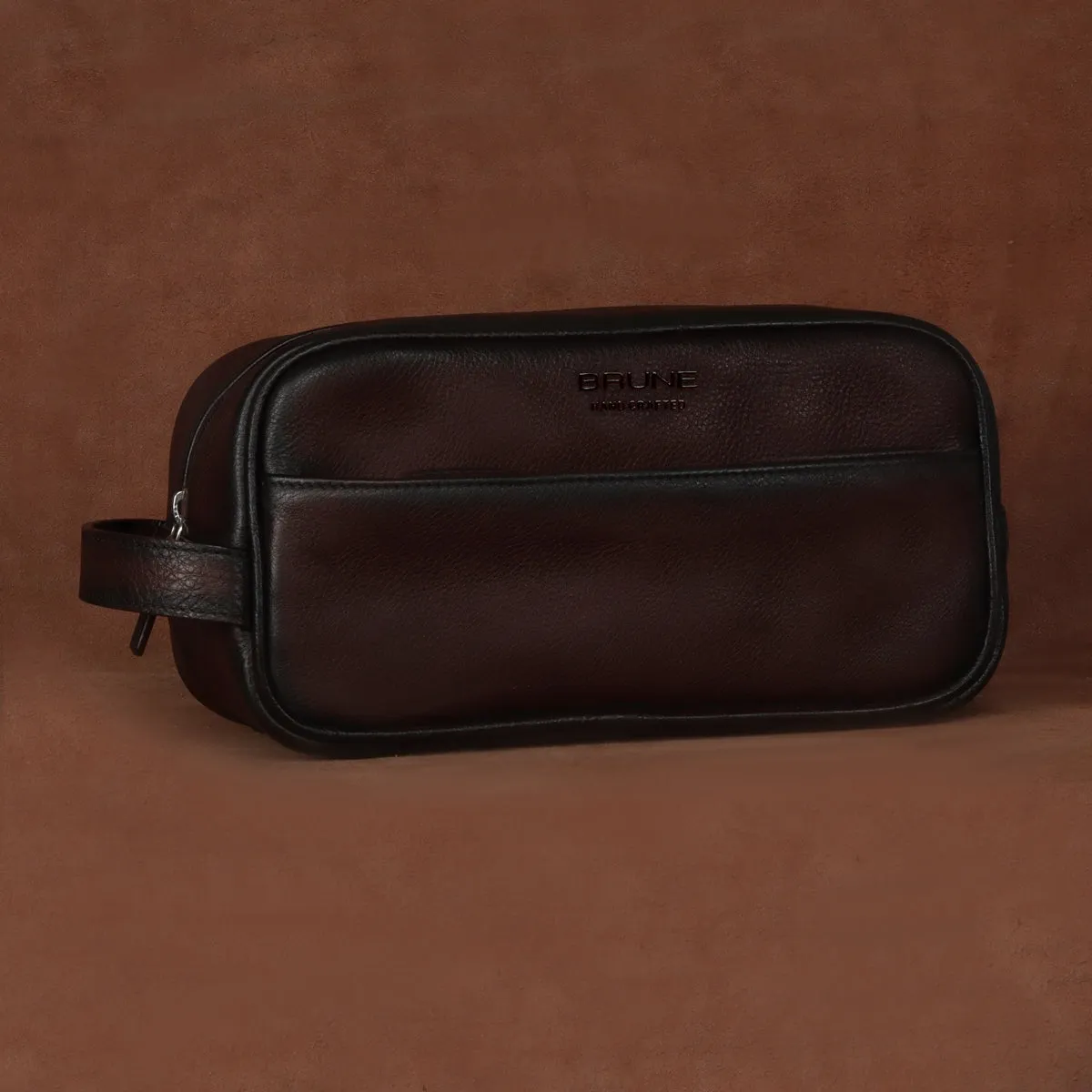 Unisex Dark Brown Genuine Leather Toiletry/Slim Kit Travel Bag