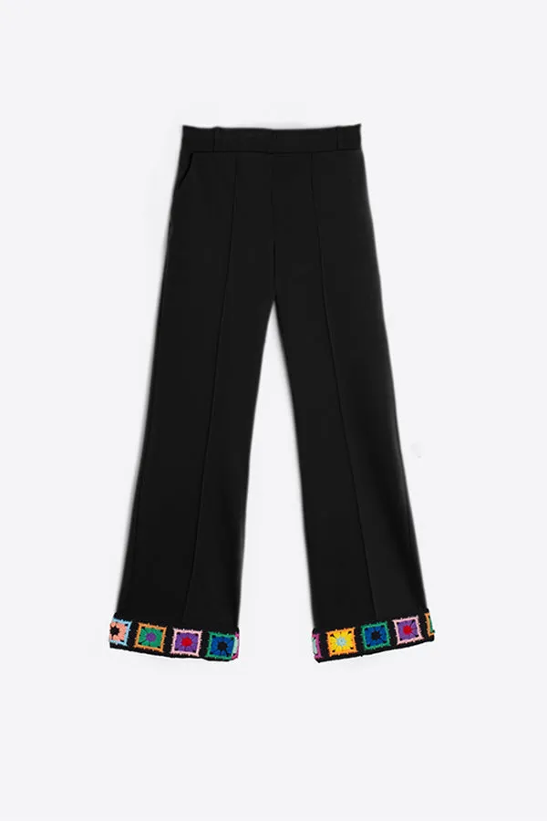 Vilagallo CAROLE BLACK EMBROIDERED HEM TROUSERS