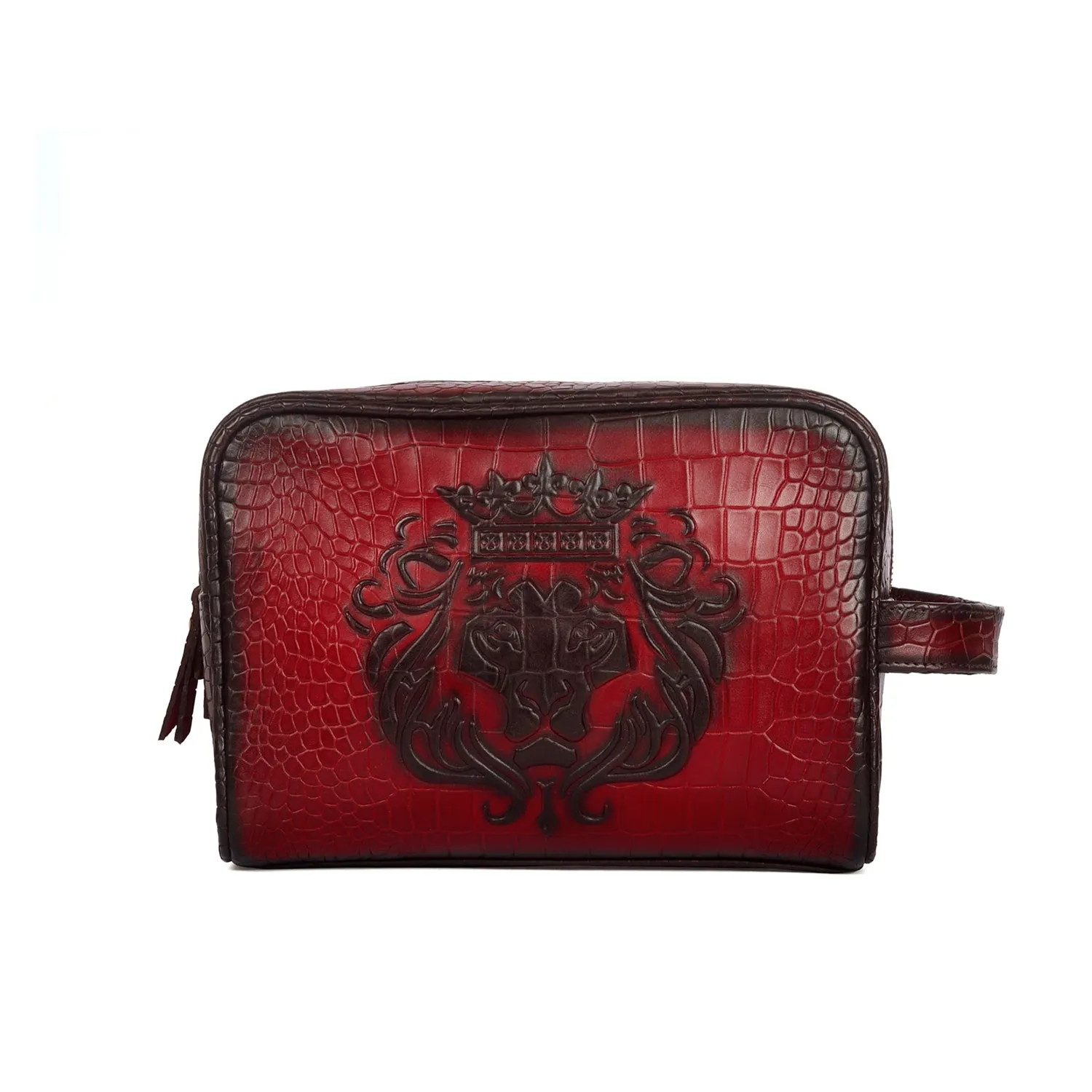 Wine Burnished Deep Cut Leather Embossed Lion Toiletry / Slim Kit Travel Bag by Brune & Bareskin