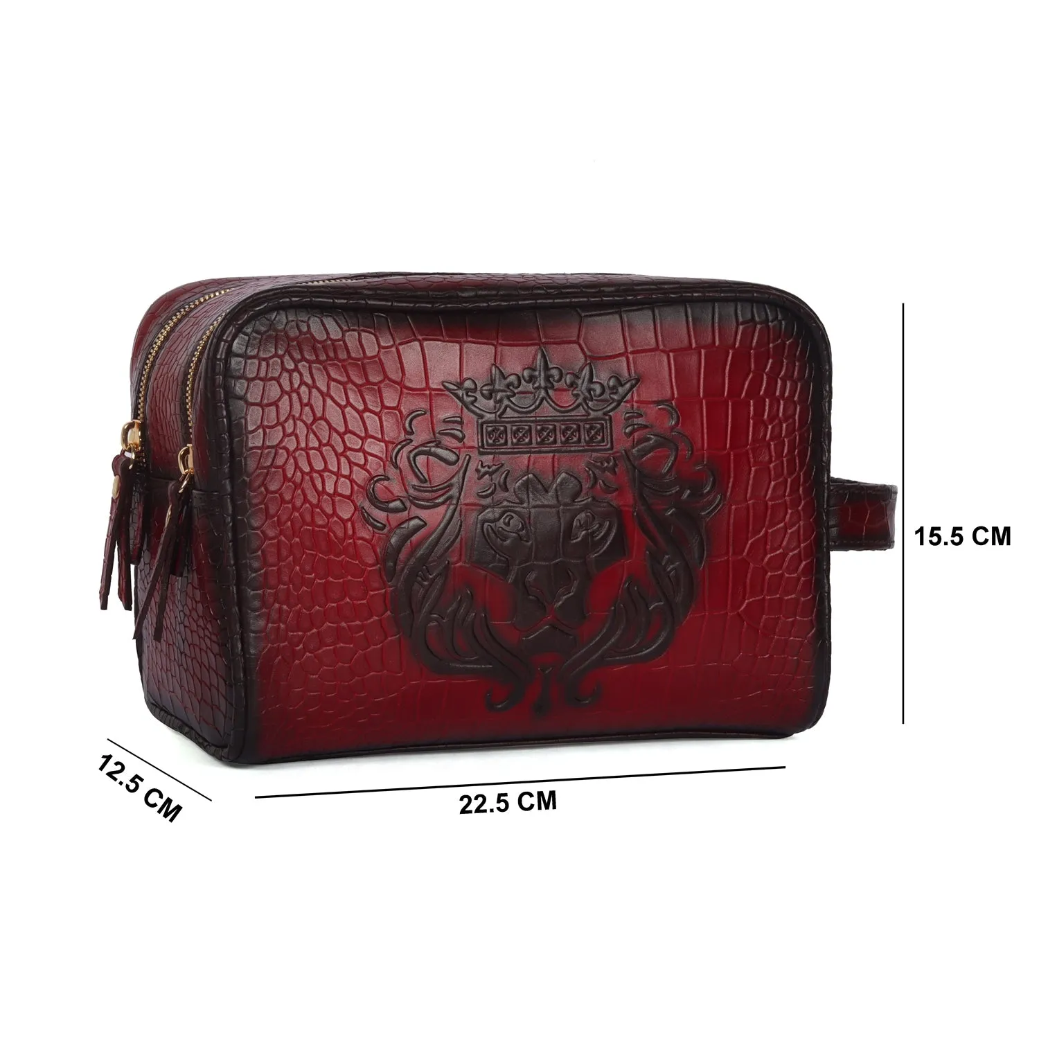 Wine Burnished Deep Cut Leather Embossed Lion Toiletry / Slim Kit Travel Bag by Brune & Bareskin