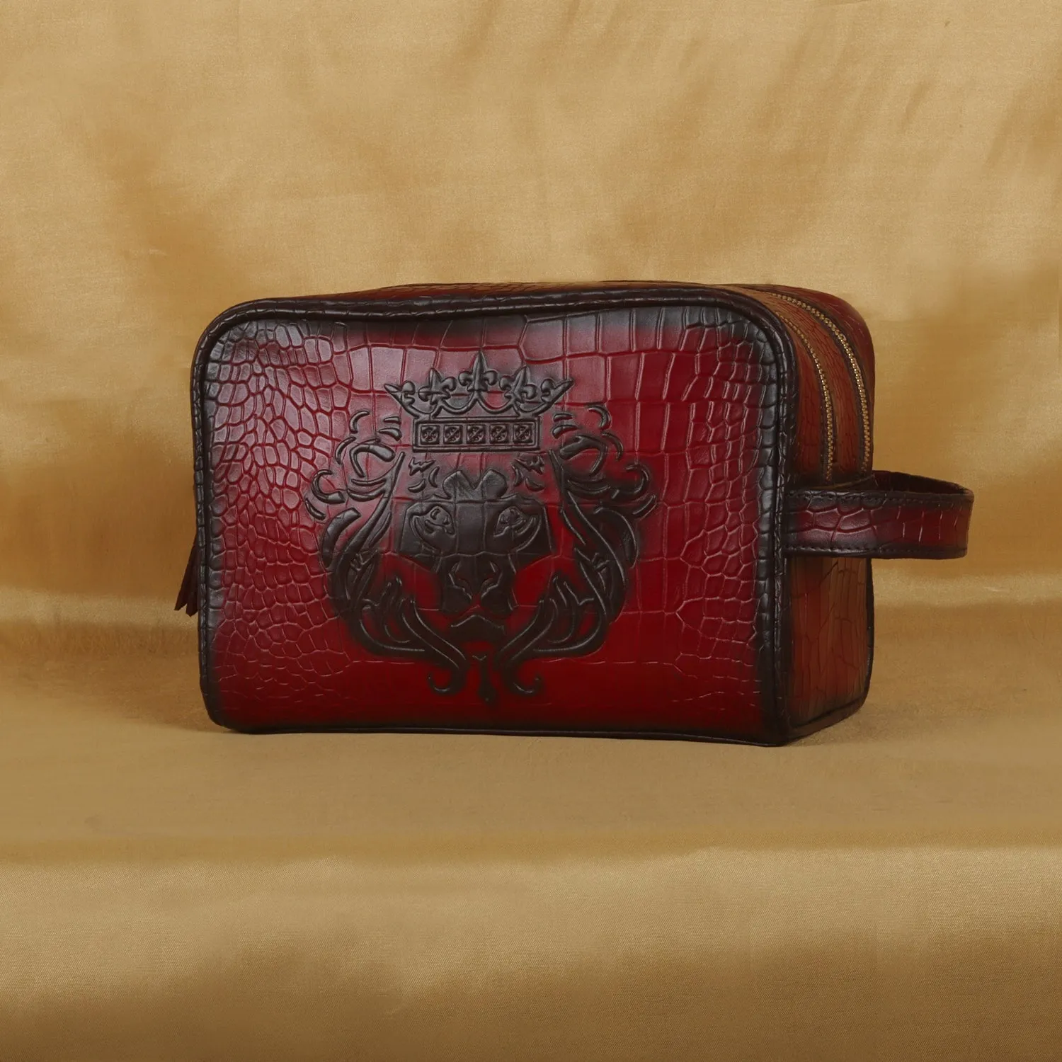 Wine Burnished Deep Cut Leather Embossed Lion Toiletry / Slim Kit Travel Bag by Brune & Bareskin