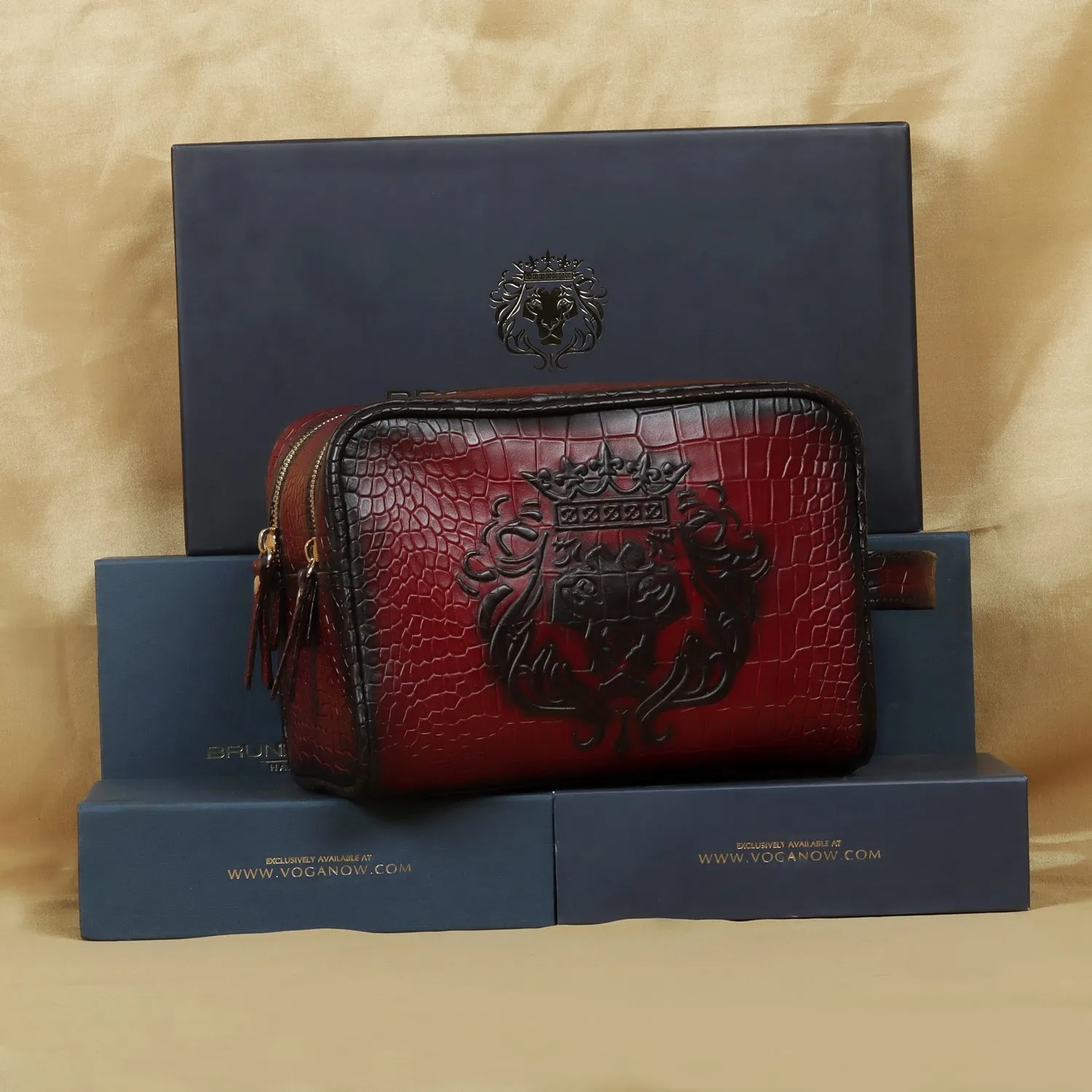 Wine Burnished Deep Cut Leather Embossed Lion Toiletry / Slim Kit Travel Bag by Brune & Bareskin